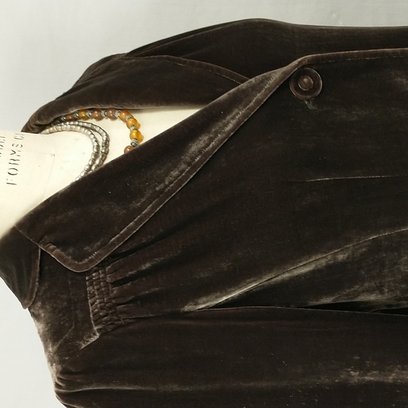 Brown Velvet Blazer Soft Silk Blend Jacket Tailored Feminine Style Gathered - Picture 3 of 13